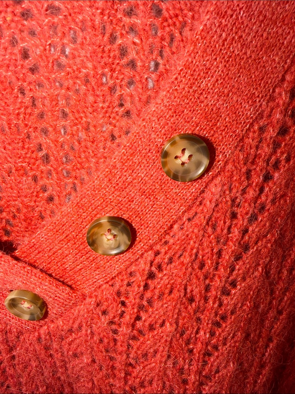 Marine Lauer Coral Red Open Knit V-Neck Sweater with Button Detail - Picture 3 of 11